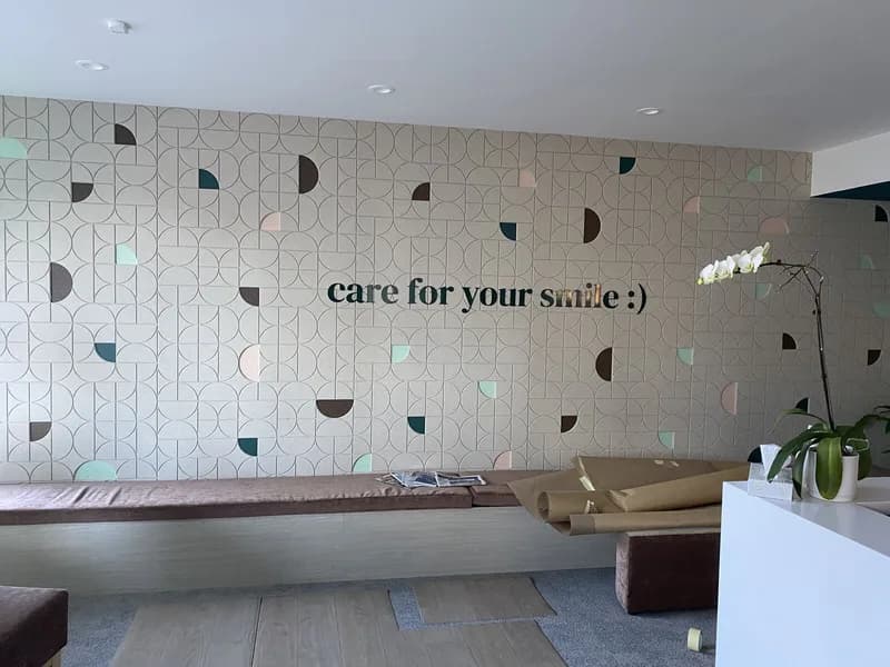 Custom patterned acoustic feature wall with pastel and charcoal circles in the Emmaus Dental reception